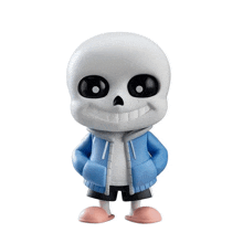 a figurine of a skeleton with a blue jacket and shorts