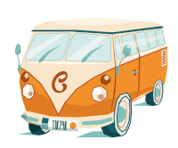 a cartoon illustration of an orange van with a license plate that reads tik74k