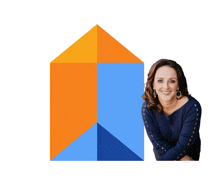 a woman stands in front of an orange and blue triangle