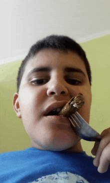 a boy in a blue shirt is holding a fork in his mouth