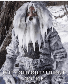 a picture of a man covered in snow with the caption is it cold out i didnt notice