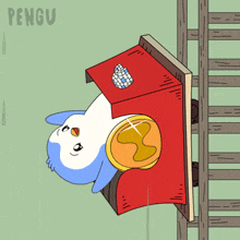 a cartoon of a penguin on a roller coaster with the word pengu on the bottom right