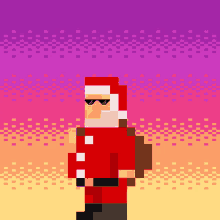 a pixel art of santa claus wearing sunglasses and carrying a bag of presents