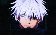 a close up of a anime character with white hair and blue eyes