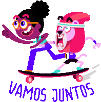 a cartoon of a girl and a lion on a skateboard with the words vamos juntos written below them