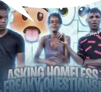 three men are standing in front of a sign that says " asking homeless freaky questions "