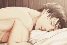 a shirtless anime character is sleeping on a bed