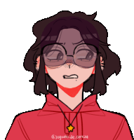 a drawing of a girl wearing glasses and a red hoodie with the name yogurto de cereza on the bottom