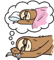 a cartoon drawing of a sloth sleeping and dreaming of a pink blanket