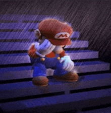 mario is standing on a bench in the rain .