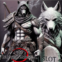 a statue of a man with a wolf mask standing next to a large white wolf