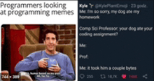 a meme of a man sitting in a chair with a cup of coffee .