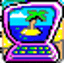 a pixel art drawing of a cell phone with a picture of an island in the ocean .