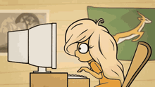 a cartoon girl is looking at a computer screen