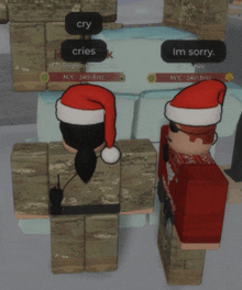 two soldiers in santa hats are standing next to each other