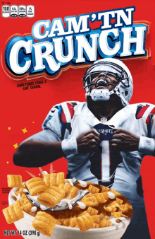 a box of cam ' tn crunch cereal shows a football player