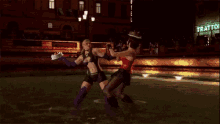 two women are fighting in front of a tratto sign