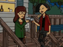 a cartoon of two girls standing on stairs holding cups of coffee