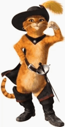 a cat wearing a cowboy hat and boots holds a sword