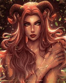 a woman with long red hair and horns is a painting of a woman with long red hair and horns .