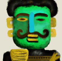 a painting of a green face with a blue nose and a yellow mustache