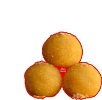 three yellow balls are stacked on top of each other with a red outline around them