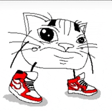 a drawing of a cat wearing red and white sneakers