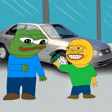 two cartoon characters are standing next to a car