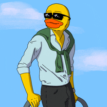 a yellow duck wearing sunglasses and a green sweater