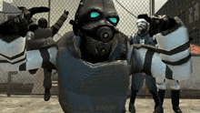 a video game character is wearing a gas mask and gloves