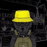 a drawing of a bear wearing overalls and a yellow hat with the word wolf on it