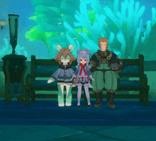 a man and two girls are sitting on a bench