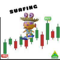 a cartoon character is riding a surfboard with the word surfing above it