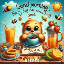 a bear is sitting at a table with a cup of coffee