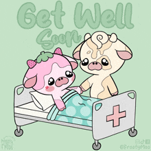 a cartoon of two cows in a hospital bed and the words get well soon