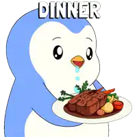 a cartoon of a penguin holding a plate of food with the word dinner below it