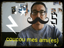 a man with glasses and a fake mustache says coucou mes ami