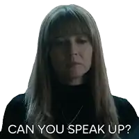 a sticker of a woman with long hair asking if she can speak up
