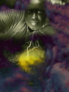 a painting of a man with a lightning bolt behind him