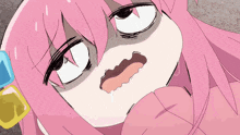 a cartoon girl with pink hair is making a face with her mouth open