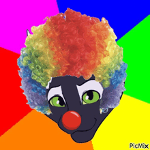 a picture of a clown with a red nose and colorful hair