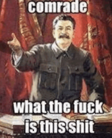 a painting of a man giving a speech with a caption that says `` what the fuck is this shit '' .