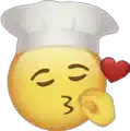 a yellow smiley face wearing a chef 's hat is blowing a kiss and holding a heart .