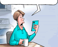 a cartoon of a woman looking at her phone with a speech bubble above her head