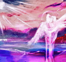 a painting of a person with wings in a purple and pink background