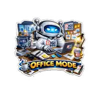 a robot is sitting at a desk with a laptop and a cup of coffee and the words office mode below him