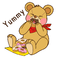 a teddy bear is eating a donut and the word yummy is above it