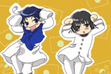 two anime characters are standing next to each other with their hands on their heads