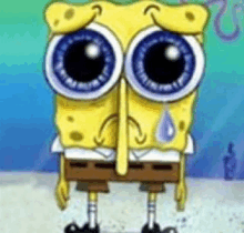 spongebob squarepants is crying with a tear running down his face .