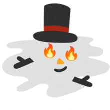 a snowman wearing a top hat with flames in his eyes